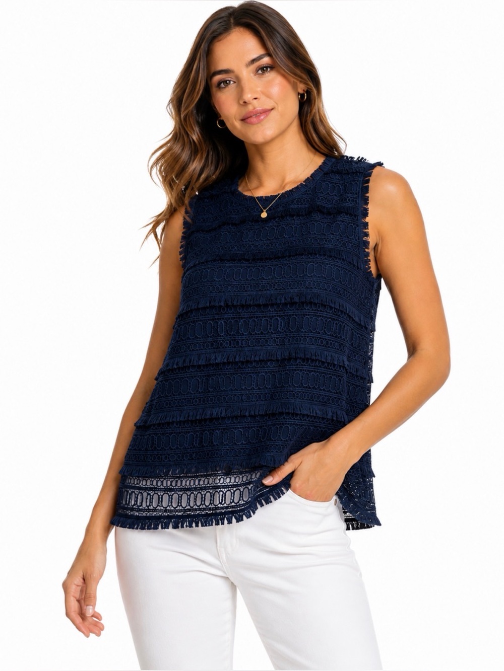 Lord & Taylor Navy Fringe Lace Sleeveless Top XL